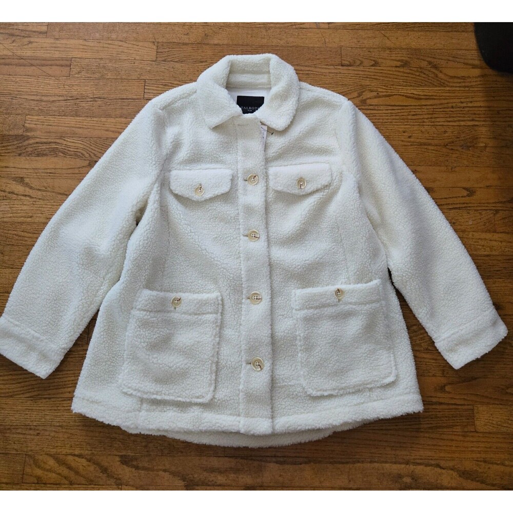 Talbots Plus Womens 1X Ivory Button Up Sherpa Jacket with Pockets Cozy New!